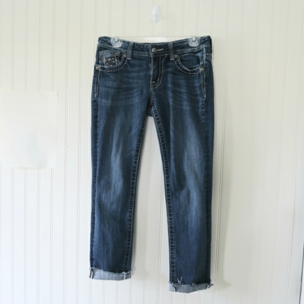 Miss Me Buckle Jeans Size 29 Skinny Whisker Raw Hem Cuffed Inseam 31 Bedazzled
